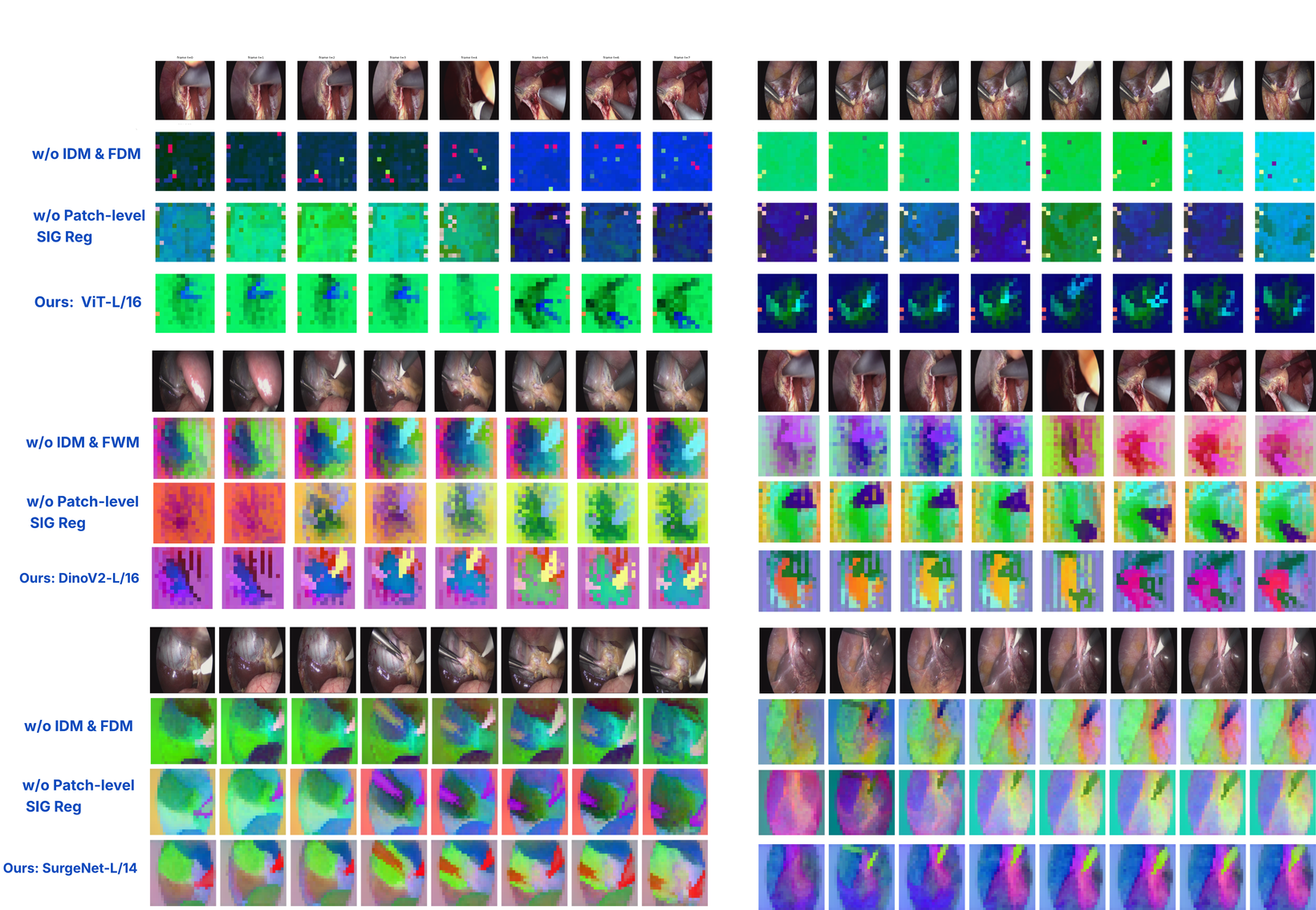 PCA-RGB ablation across three encoders: full model, without patch-level SIGReg, and without IDM+FDM