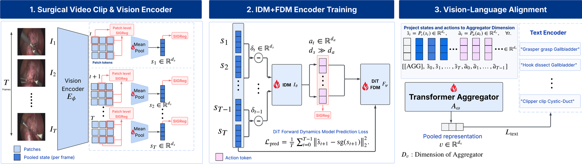 LAViF pipeline: vision encoder, IDM+FDM training, vision-language alignment